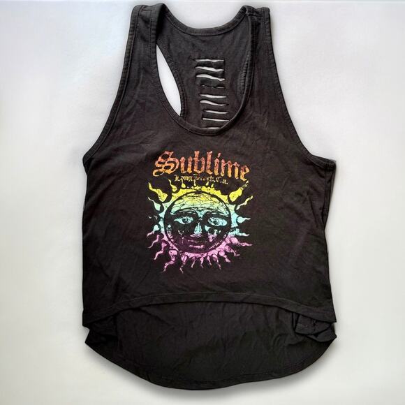 Sublime Live Nation Sun Logo Black Tank Crop Official Small Ladder Cut Distress - Picture 3 of 6
